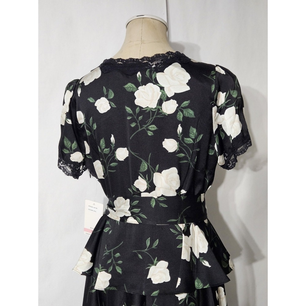 Taylor Women's Black Floral Short Sleeve V-neck Tie Waist Peplum Maxi Dress - Picture 10 of 16